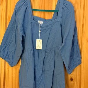 Blue Relaxed Smocked Blouse with Square Neckline